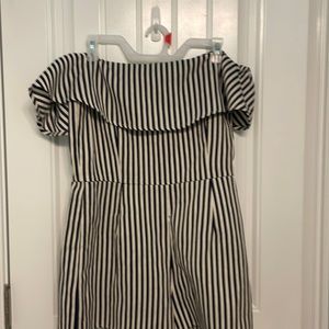 White and blue striped onesie.